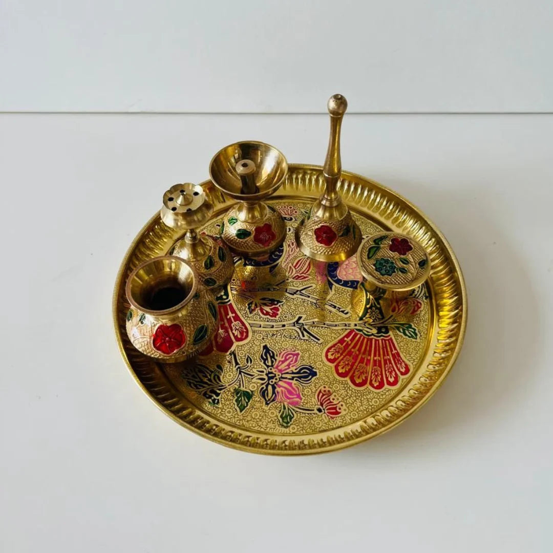 Pooja Thali + Diya, Lota, Incense stand, Spoon, Bell and Bowl