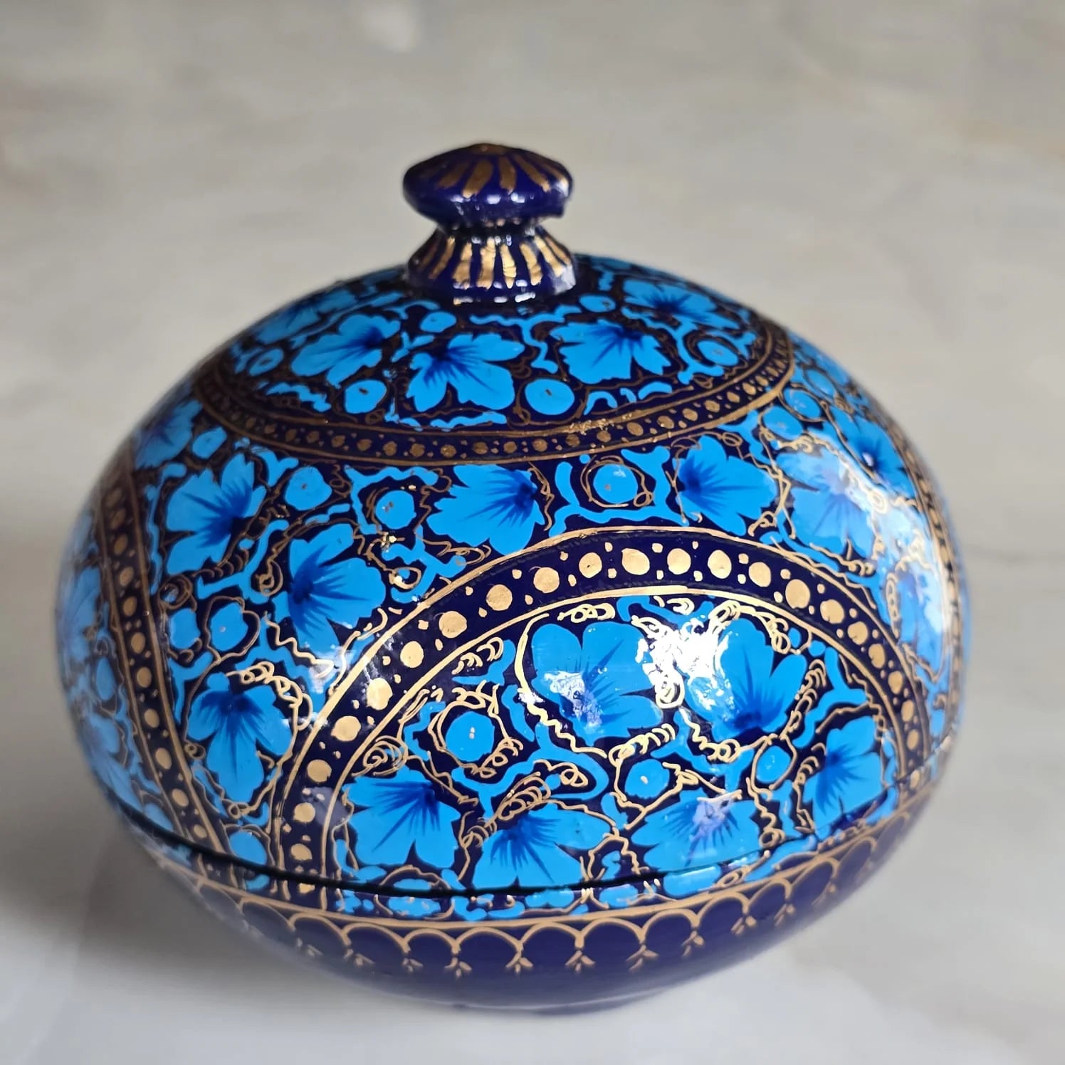 Paper Mache - Blue Filigree Round box